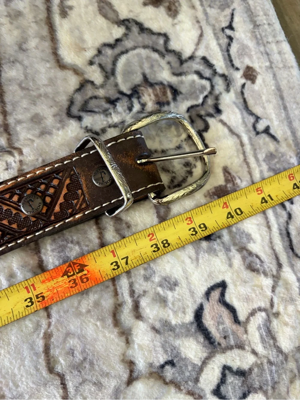Double J Saddlery Brown Hand Tooled Leather Unisex Belt with Silver Buckle 34”